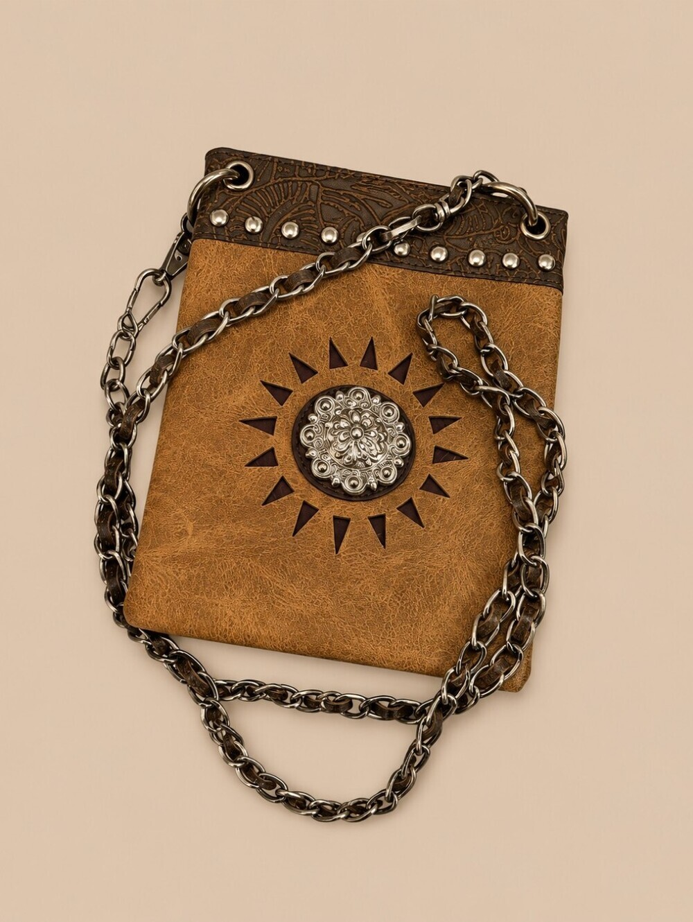 Brown Faux Leather Western Concho Crossbody Mini Bag